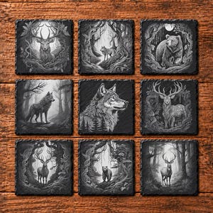 May include: A set of nine square slate coasters featuring detailed black and white illustrations of forest animals including deer, wolves, and a bear. Each coaster displays a unique wildlife scene set within a dense, textured woodland environment.