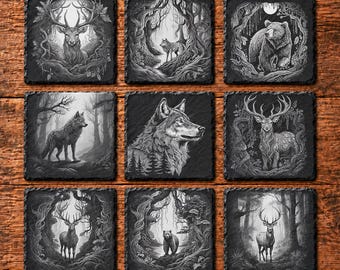 9 Woodland Wildlife Digital Files For Laser Engraving 4x4" Slate Tiles- Deer, Wolf, Bears