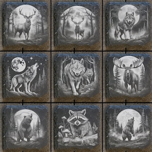 Könnte beinhalten: Satz von neun schwarzen Schieferuntersetzern mit verschiedenen Waldtieren, darunter ein Hirsch, ein Wolf, ein Elch, ein Waschbär und ein Bär. Jeder Untersetzer hat einen Vollmond und einen Waldboden.
