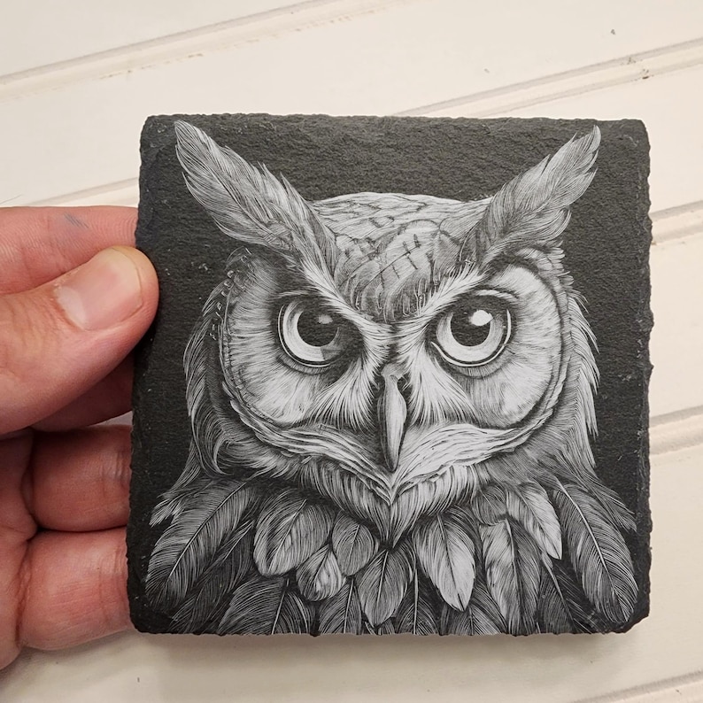 K&ouml;nnte beinhalten: Eine Schwarzwei&szlig;zeichnung einer Eule auf einem schwarzen Schieferuntersetzer. Die Augen der Eule sind gro&szlig; und rund, und ihre Federn sind detailliert.