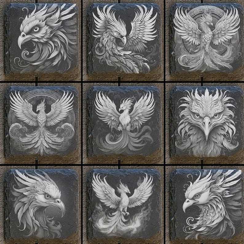 May include: Set of ten black slate coasters featuring a gray and white phoenix design. Each coaster has a different phoenix design with intricate details.