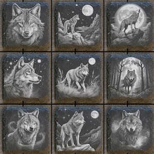 Op de afbeelding: Een set van negen vierkante leistenen onderzetters, elk met een gedetailleerde grijswaarden illustratie van een wolf. De ontwerpen omvatten wolven in verschillende poses, met volle maan en sterrenhemel achtergronden. Ideaal voor interieurdecoratie.