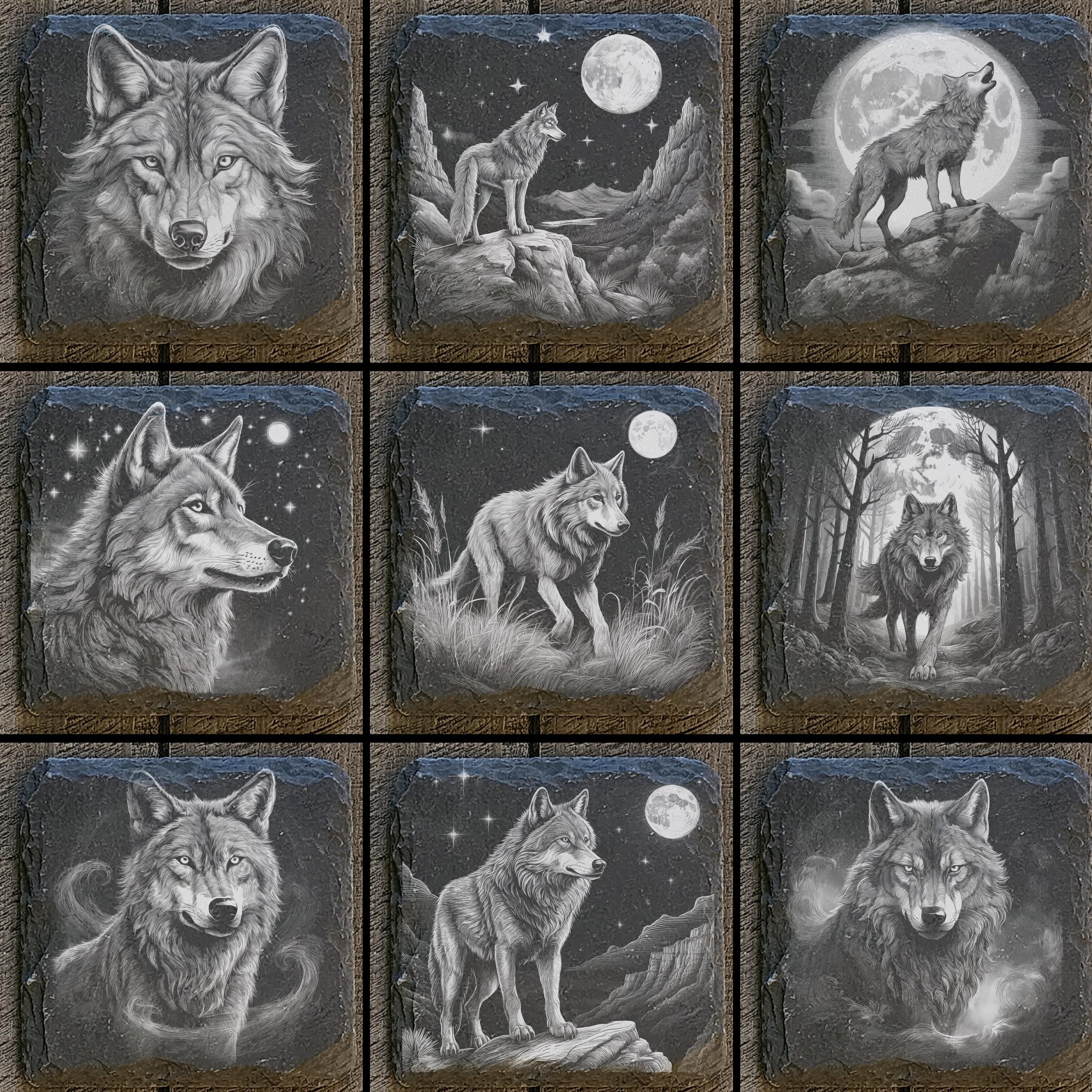 9 Lone Wolf Digital Files For Laser Engraving 4x4" Slate Tiles