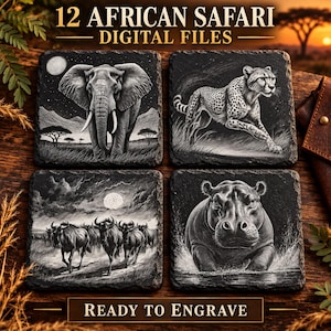 May include: Four square slate coasters featuring black and white engraved illustrations of an elephant, a cheetah, a herd of wildebeest, and a hippopotamus. The text 12 AFRICAN SAFARI DIGITAL FILES and READY TO ENGRAVE is visible on the image.