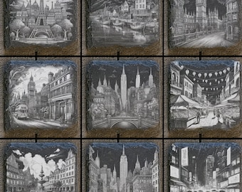 May include: Nine black and white slate coasters with different cityscapes engraved on them. The coasters feature images of Paris, New York City, London, and other cities.