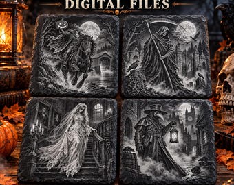 May include: Four square slate coasters featuring black and white illustrations of a headless horseman, a grim reaper, a ghost bride on a staircase, and a plague doctor. The text 20 HAUNTING HALLOWEEN DIGITAL FILES and READY TO ENGRAVE is visible.