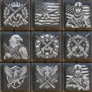 May include: Set of nine black slate coasters with various designs. The designs include an eagle, a skull, a gun, and an American flag. The coasters are perfect for adding a touch of style to your home.