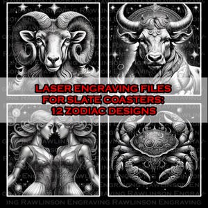 12 plików cyfrowych ze znakami zodiaku do grawerowania laserowego podstawek łupkowych 4x4"