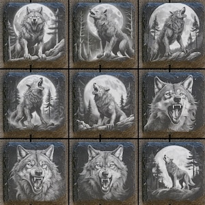 May include: Set of nine black and white slate coasters featuring howling wolves under a full moon. Each coaster has a different wolf design.