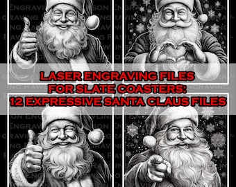 File digitali espressivi di Babbo Natale per incisione laser di sottobicchieri in ardesia 4x4", 12 modelli