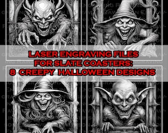 8 Haunting Halloween Files Digital Files For Laser Engraving 4x4" Slate Coasters