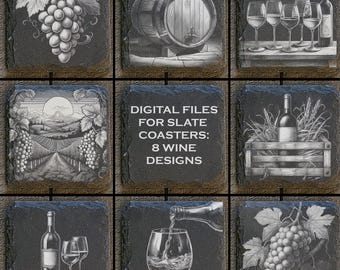 8 archivos digitales de vino para grabado láser Posavasos de pizarra de 4 x 4 pulgadas