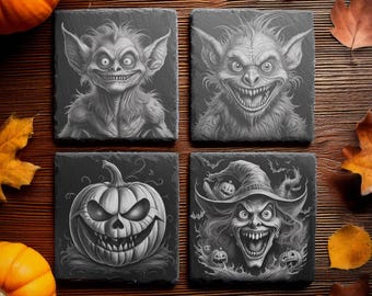 8 Scary Halloween Digital Files For Laser Engraving 4x4" Slate Coasters