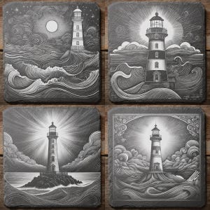 Könnte beinhalten: Set aus vier quadratischen Schieferuntersetzern, jeweils mit einer detaillierten Schwarz-Weiß-Illustration eines Leuchtturms. Designs zeigen Leuchttürme mit Wellen, Wolken und Sternenhimmel. Ideal für die Heimdekoration.