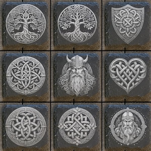 Puede incluir: Conjunto de nueve posavasos de pizarra negra con varios diseños que presentan nudos celtas, un árbol de la vida y un guerrero vikingo. Los posavasos son cuadrados y tienen una superficie lisa y pulida.