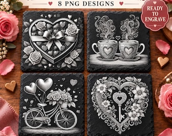 May include: Four square black slate coasters featuring white engraved designs: a heart-shaped box of chocolates with roses, two steaming coffee cups, a bicycle with heart balloons and flowers, and a decorative heart with a key.