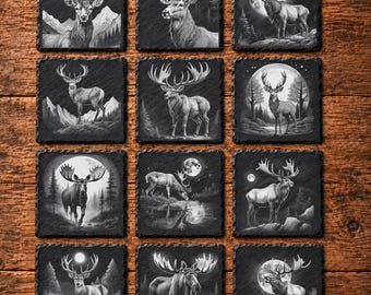 May include: A set of twelve square black slate coasters, each featuring a unique white etched illustration of a deer or moose in various natural settings, including mountain landscapes, forests, and moonlit scenes with detailed wildlife imagery.