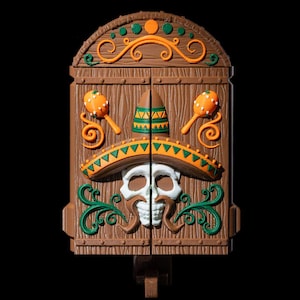 May include: A brown wooden wall decoration with a Day of the Dead theme. It features a white skull wearing a sombrero, maracas, and decorative orange and green accents. The design includes a wood grain texture.