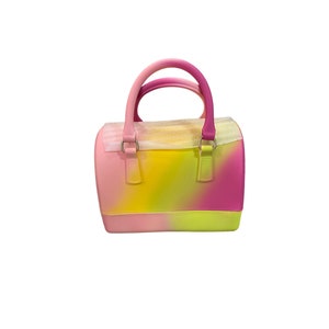 Elegante bolso con cremallera, elegante bolso rosa y amarillo para mujer, ideal para el trabajo y fiestas, bolso de gelatina Alba, monedero rosa y amarillo, divertido bolso de gelatina.