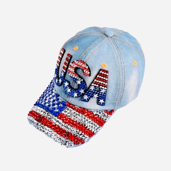 Rhinestone USA Flag Baseball Cap Denim | Independence Day Baseball Cap For Women & Men Studded |USA Rhinestone Cap | Sparkly Hat| Bling Cap