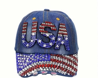 Rhinestone USA Flag Denim Baseball Cap: Patriotic Sparkly Hat
