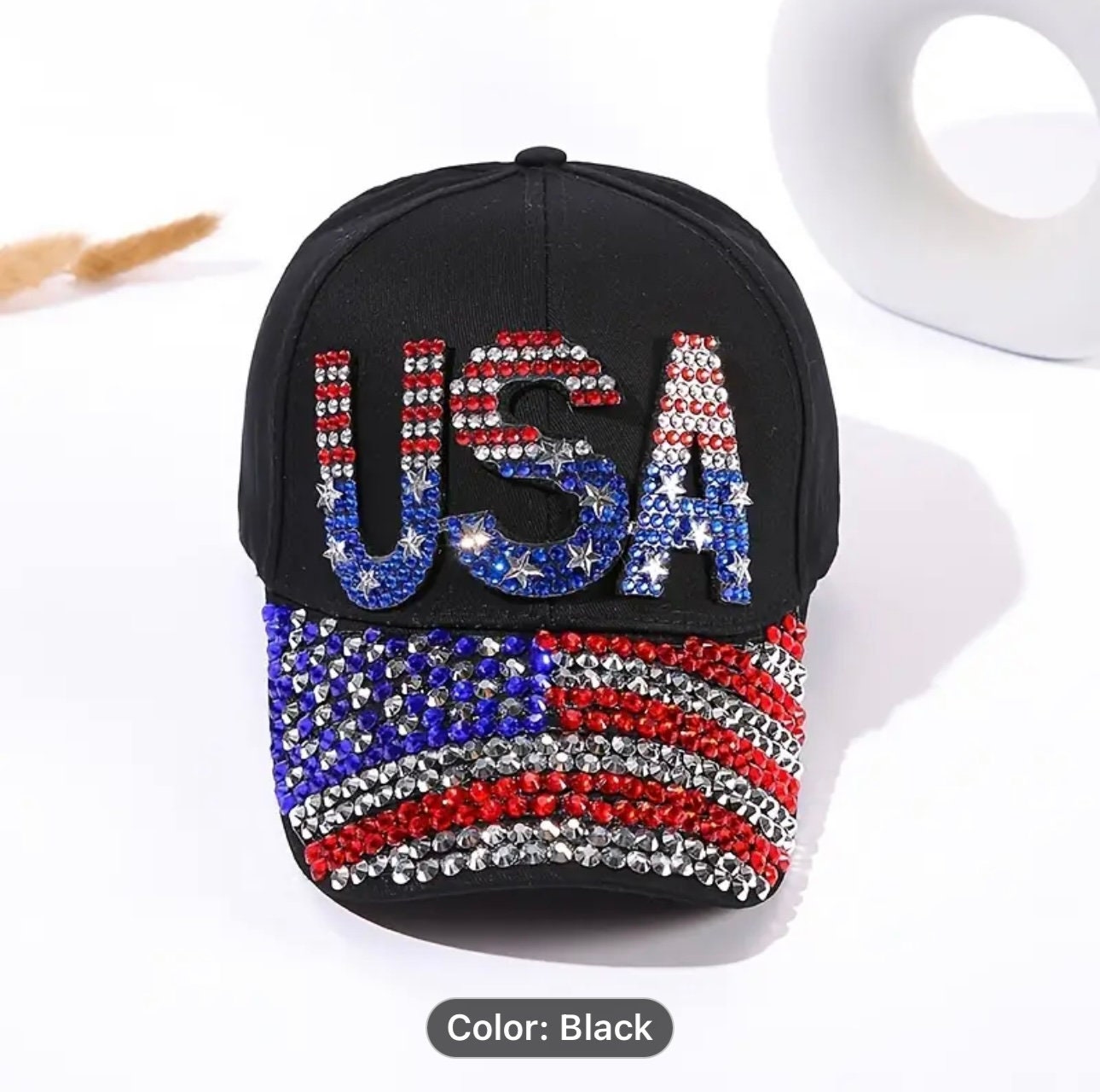Handmade Light Blue Denim Baseball Cap with Rhinestone American Flag American Flag Rhinestone Distressed Baseball Hat – SBS T Shop main image 4