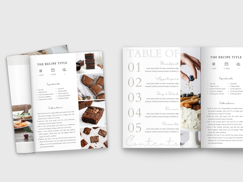 May include: A cookbook with a white background and a table of contents listing breakfast, appetizers, soup and salad, dinner, and desserts. The recipe title is "The Recipe Title" and the recipe includes ingredients and instructions. The image shows a close-up of a dessert with blueberries and a hand placing a blueberry on top.