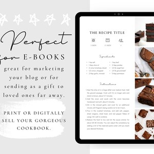 May include: A digital cookbook template with a recipe for brownies. The template includes a title, ingredients, instructions, and photos of the finished product. The text on the template is in black and white, and the photos are in color. The template is designed to be used for e-books, blogs, or gifts.