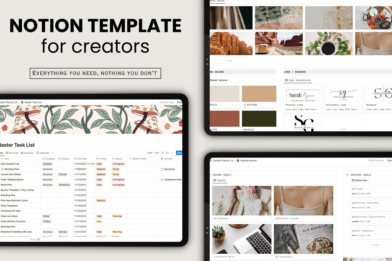 Content creation notion template aesthetic content planner content