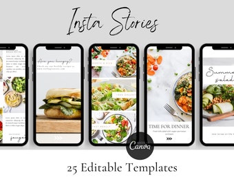 Pode incluir: Quatro modelos de histórias do Instagram com fundo branco e texto preto. O primeiro modelo apresenta uma colagem de fotos de comida, incluindo uma salada de grão de bico, uma salada verde e um sanduíche. O segundo modelo apresenta um sanduíche com abacate e alface. O terceiro modelo apresenta uma colagem de fotos de saladas. O quarto modelo apresenta uma tigela de salada com abobrinha, cenoura e grão de bico. O texto nos modelos diz "Está com fome?", "Suco e salada", "Hora do jantar" e "Salada de verão".