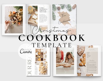 May include: A Christmas cookbook template with a brown and white cover featuring the text "The Cookbook" and a festive design. The template is made in Canva and includes images of cookies, gingerbread, and other holiday treats.