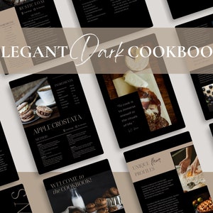 May include: A black and white cookbook with the title "ELEGANT Dark COOKBOOK" and images of food and recipes. The text "WELCOME to the COOKBOOK!" is also visible.