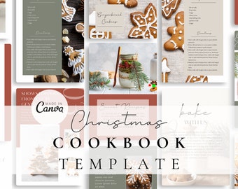 May include: A Christmas cookbook template with gingerbread cookies, recipe cards, and decorative elements. The design includes the text "Christmas Cookbook Template" and "Made in Canva". The color palette features warm tones.