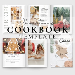 May include: A Christmas cookbook template with images of gingerbread cookies, a red truck, and a woman baking. The text on the cover reads "Christmas Cookbook Template" and "Made in Canva".