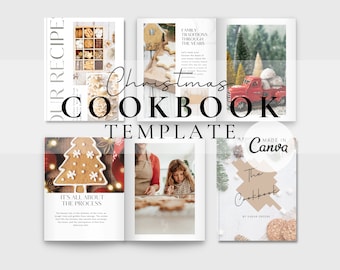 May include: A Christmas cookbook template with images of gingerbread cookies, a red truck, and a woman baking. The text on the cover reads "Christmas Cookbook Template" and "Made in Canva".