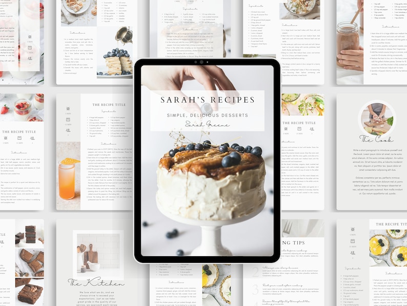 May include: A digital tablet displaying a recipe book cover with a photo of a cake topped with blueberries and the text "SARAH'S RECIPES SIMPLE, DELICIOUS DESSERTS Sarah Greene".