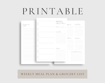 Simple Meal Planner | Weekly Meal Planner | Printable Minimalist Grocery List | Shopping List Download | Meal Planning Digital Download