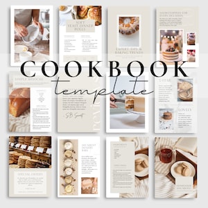 May include: A cookbook template with a beige background and images of various baked goods, including cakes, bread, and macarons. The text "COOKBOOK template" is written in a large, bold font.