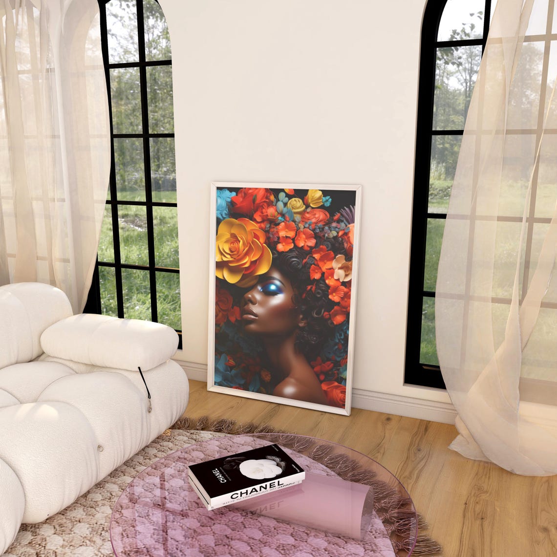 Black Queen Flower Hair Art, White Pink Rose Flower Girl Head Wall Art ...