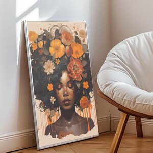 Zwarte vrouw hoofd bloemen kunst aan de muur/meisje bloemen poster/bloem vrouw poster/zwarte kunst/zwart meisje print/bloem vrouw schilderij/hoofd bloem decor afbeelding 3