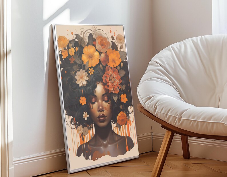 Zwarte vrouw hoofd bloemen kunst aan de muur/meisje bloemen poster/bloem vrouw poster/zwarte kunst/zwart meisje print/bloem vrouw schilderij/hoofd bloem decor afbeelding 3