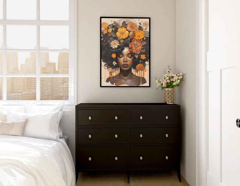 Zwarte vrouw hoofd bloemen kunst aan de muur/meisje bloemen poster/bloem vrouw poster/zwarte kunst/zwart meisje print/bloem vrouw schilderij/hoofd bloem decor afbeelding 14