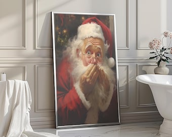 Classic Santa Painting, Funny Bathroom Wall Art, Santa In Bathroom Smell Bad, DIY Home Decor, Classic Santa Painting Wall Art Holiday Decor