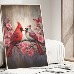 Cardinal Bird Painting, Red Cardinal Love Birds Wall Art, Home Decor, Modern Art, Bedroom Wall Decor, Anniversary Gift, Living Room Wall Art