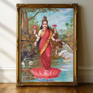 Lakshmi (1894), Vintage Hindu Goddess, Goddess Lakshmi Painting, Diwali Poster, Mahadevi Art, Hindu Festival, Hinduism Poster, Zen Wall Art