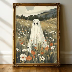 Ghost Painting, Dark Cottagecore, Mystical Magical Cute Spooky, Haunting Sheet Ghost, Witchy Gifts, Whimsigoth, Halloween Decor, Wildflowers