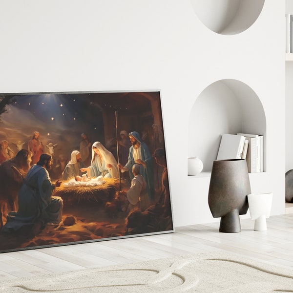 Traditional Catholic Art, Renaissance Art Print, Holy Family Art, Mary Joseph & Baby Jesus, Christian art, Nativity Scene Art, Bokeh Art