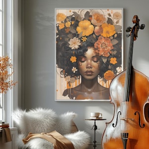 Zwarte vrouw hoofd bloemen kunst aan de muur/meisje bloemen poster/bloem vrouw poster/zwarte kunst/zwart meisje print/bloem vrouw schilderij/hoofd bloem decor afbeelding 2
