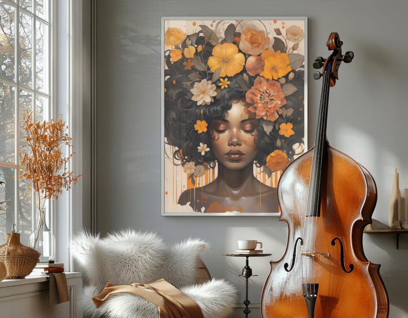 Zwarte vrouw hoofd bloemen kunst aan de muur/meisje bloemen poster/bloem vrouw poster/zwarte kunst/zwart meisje print/bloem vrouw schilderij/hoofd bloem decor afbeelding 2