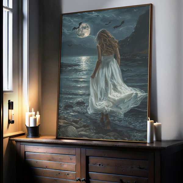 Walking Into The Lake, Dark Academia Prints, Victorian Wall Art, Dark Decor Aesthetic, Dark Cottagecore Art, Witchy Wall Art, Moon Wall Art